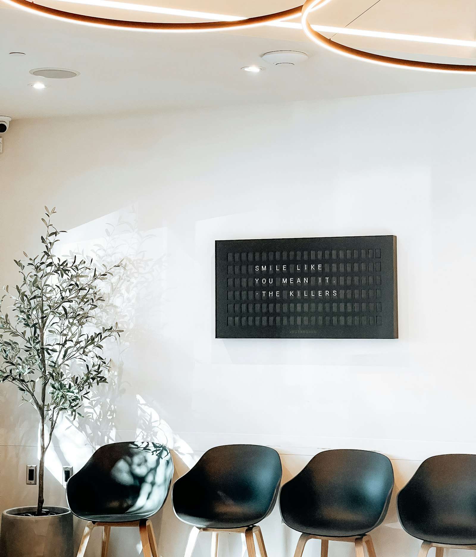 Sala de espera luminosa y minimalista con una planta y un letrero en la pared